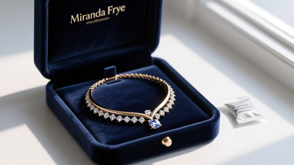 Miranda Frye Stephanie necklace neatly coiled inside a dark velvet anti-tarnish jewelry box next to a small silica gel packet.