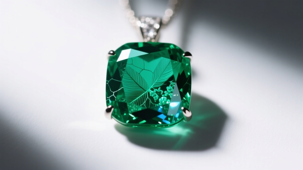 Macro photography of a vibrant green emerald pendant showing natural internal inclusions, illuminated by soft directional lighting