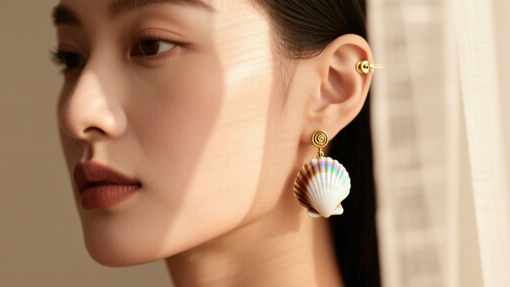 Close-up of a woman wearing a white and brown shell cameo earring with a gold screw-back clip mechanism in soft, warm lighting.