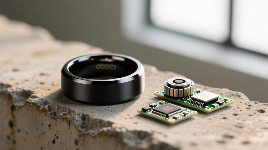 Close-up macro shot of a matte black titanium smart ring resting on a textured concrete surface next to a disassembled haptic motor and biometric sensor array