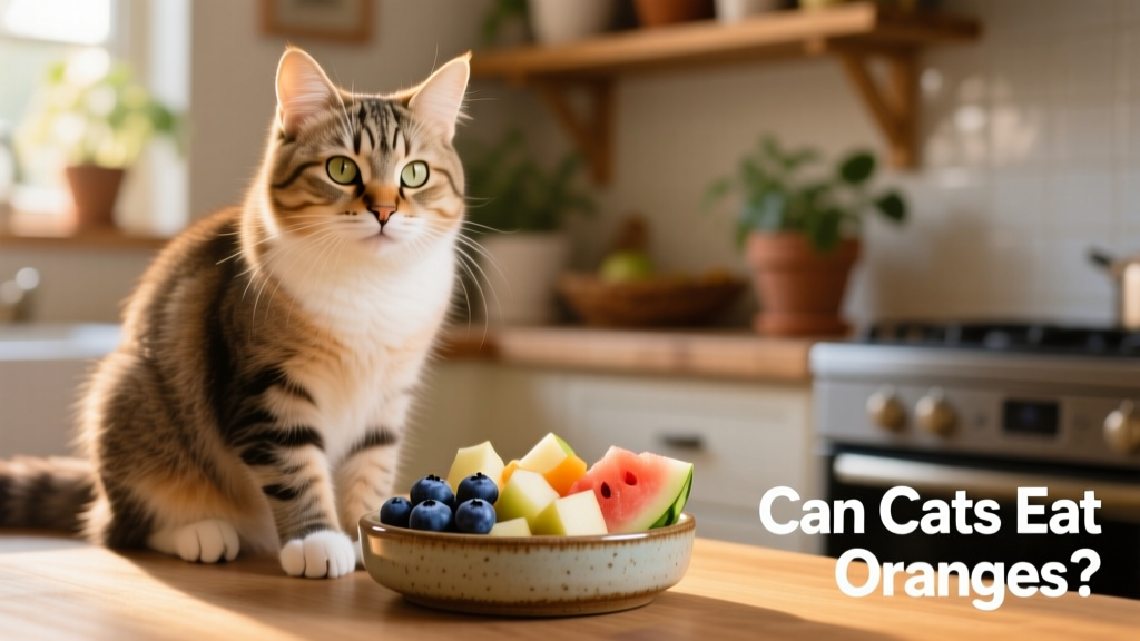 Happy cat sitting beside a small dish containing safe fruit treats: blueberries, apple cubes, and watermelon bits