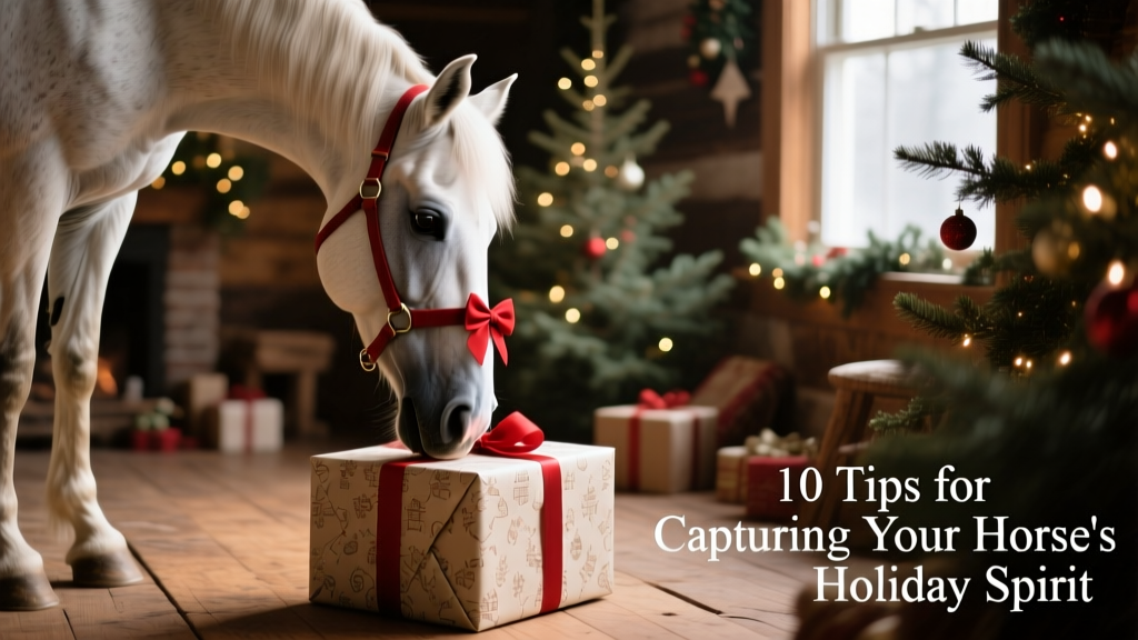 Horse gently sniffing a large wrapped gift box while wearing a subtle red bow on its halter, captured in soft natural light