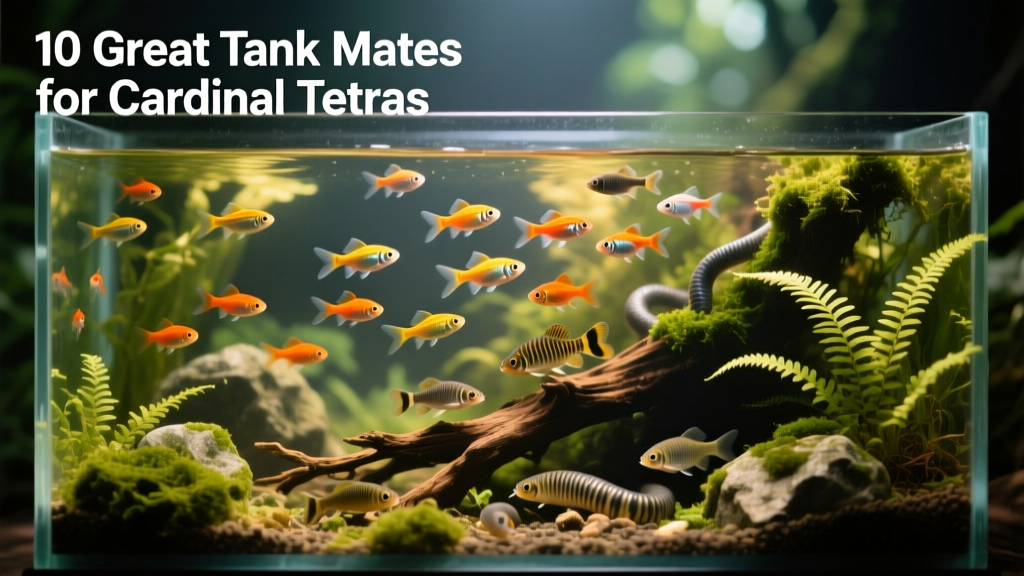 Aquarium featuring cardinal tetras, pygmy corydoras, and kuhli loaches in a lush, planted setup