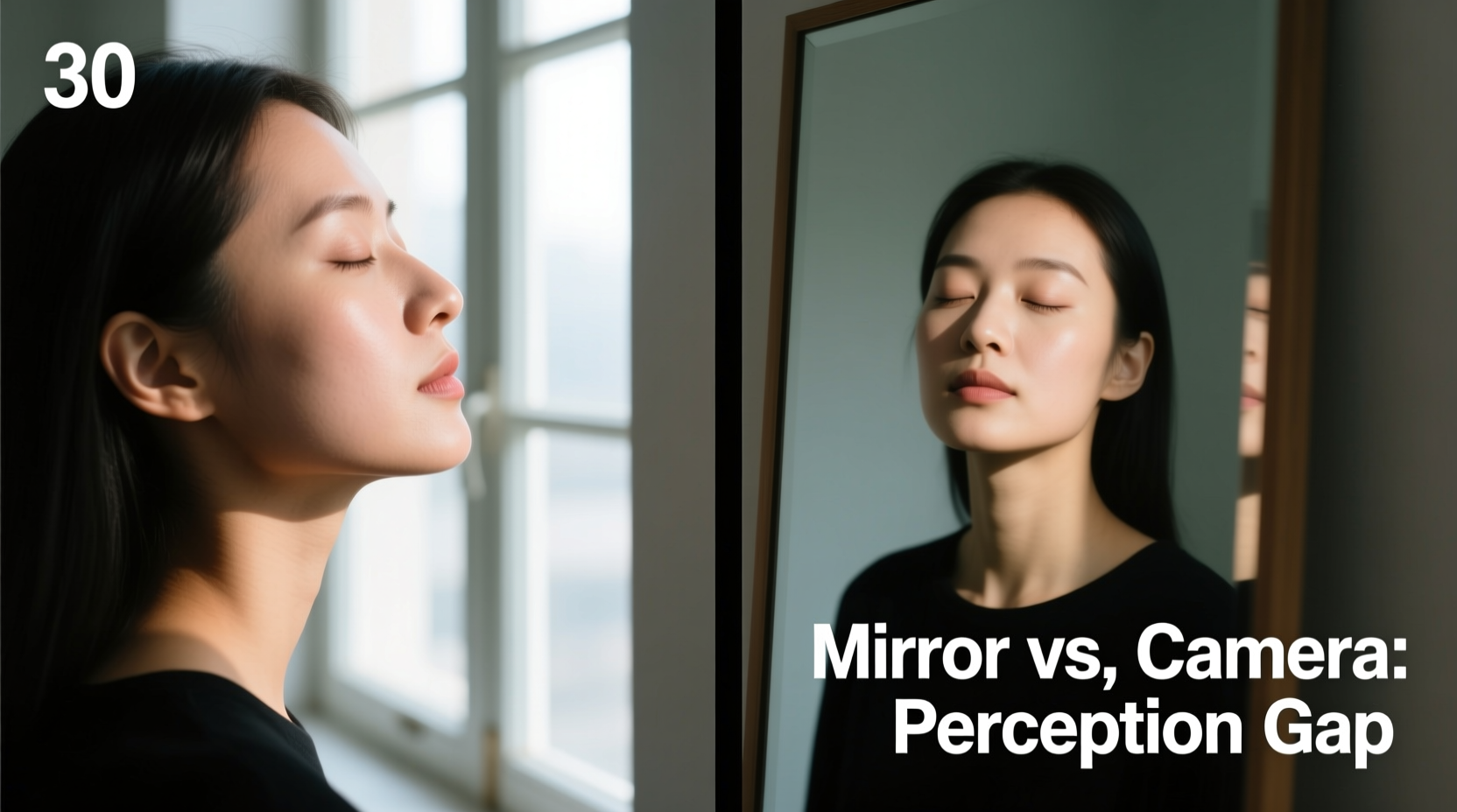 why is my reflection asymmetrical in photos angles vs reality