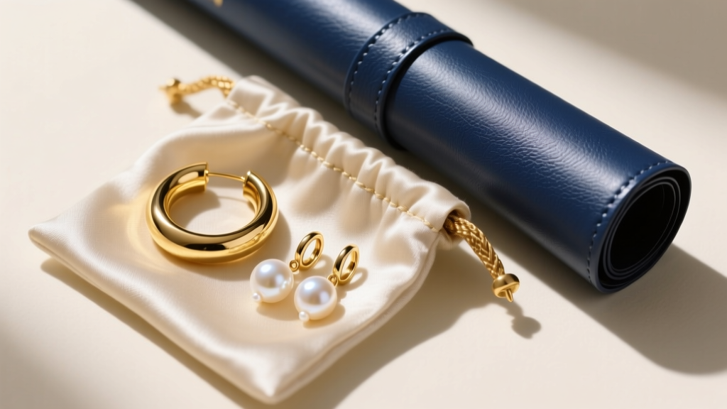 Overhead view of polished gold hoops and pearl drops resting in anti-tarnish cloth pouches beside a rolled dark blue diploma