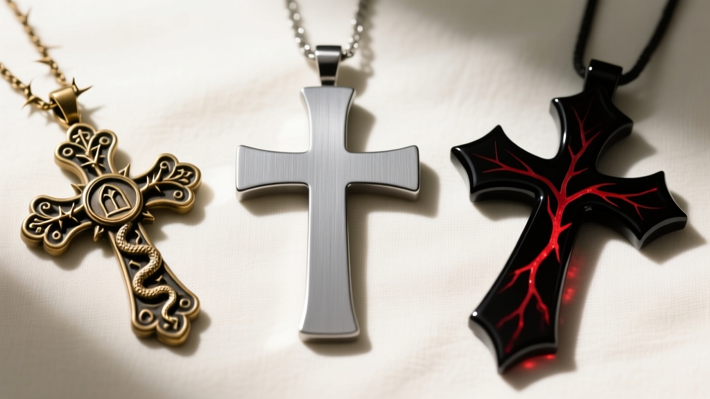Flat lay of three vampire cross pendants: a matte titanium piece, a Victorian reliquary, and a modern dark resin gothic design