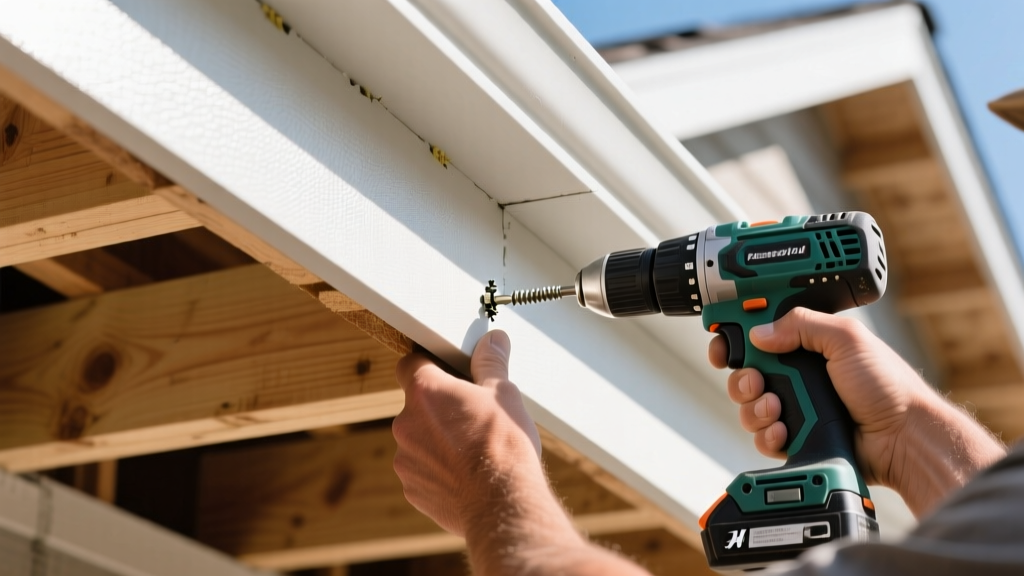 Contractor screwing fiberglass-faced exterior gypsum soffit board to wooden roof overhang framing under bright daylight