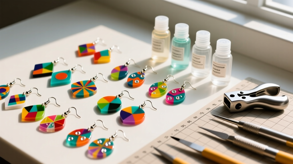 Flat lay of colorful DIY shrink plastic earrings with titanium earring hooks, resin bottles, and hole punches on a crafting mat