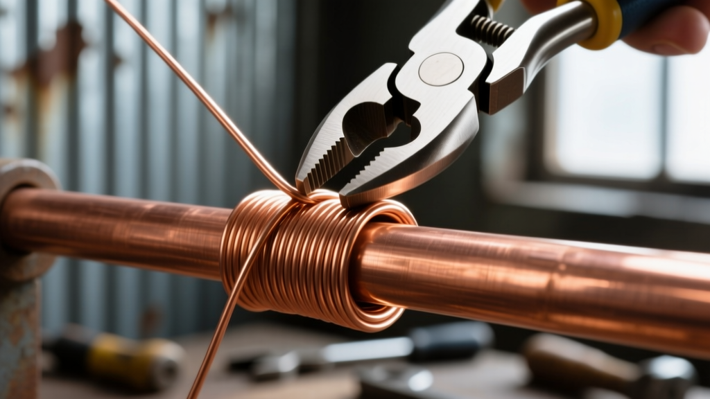 Macro close-up of a 20-gauge dead-soft copper wire being woven tightly around a 12-gauge copper core using round-nose pliers.