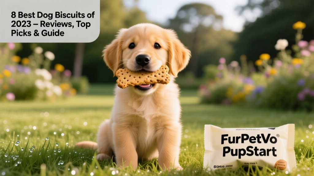 A golden retriever puppy happily holding a FurPetVo PupStart Biscuit in its mouth, sitting on a grassy lawn