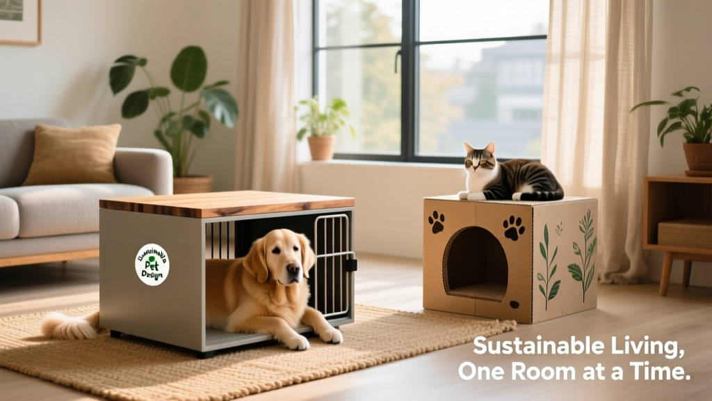 A modern living room featuring a stylish dog crate that doubles as an end table, with a cat lounging on a recycled cardboard scratching post nearby