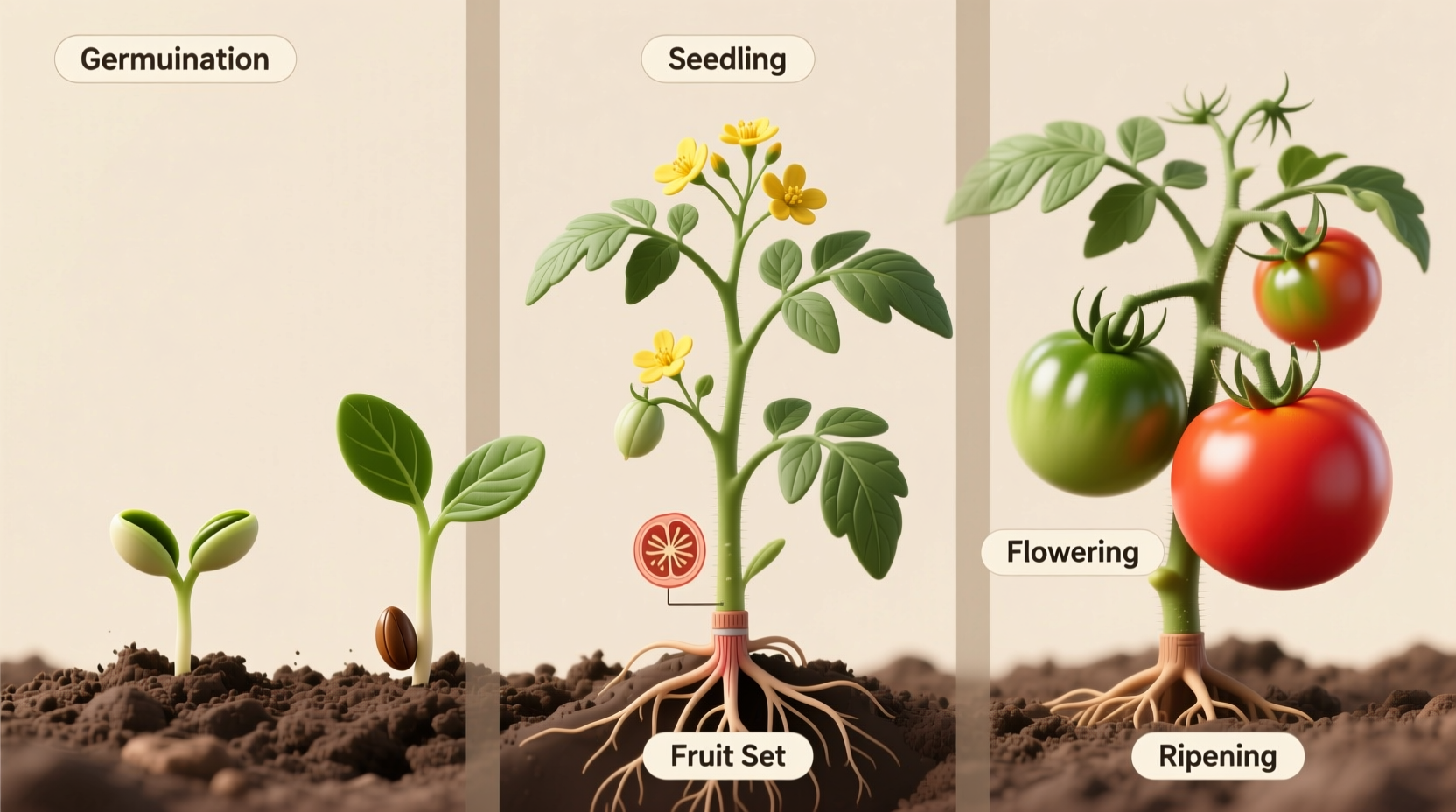 Tomato plant growth stages from seed to fruit