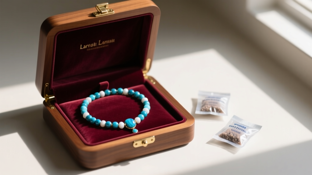 Velvet-lined wooden box storing a beaded Larimar necklace away from direct sunlight, alongside anti-tarnish silica gel packets.