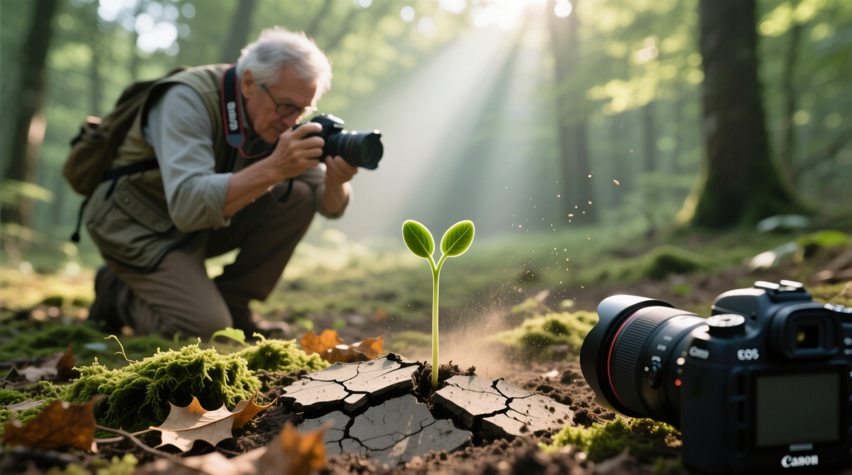 Photographer capturing seedling growth in natural light