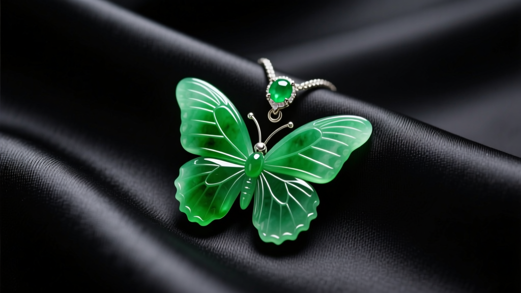 Vibrant green jadeite butterfly pendant on dark silk, displaying intricate wing veining and polished edges under soft lighting.