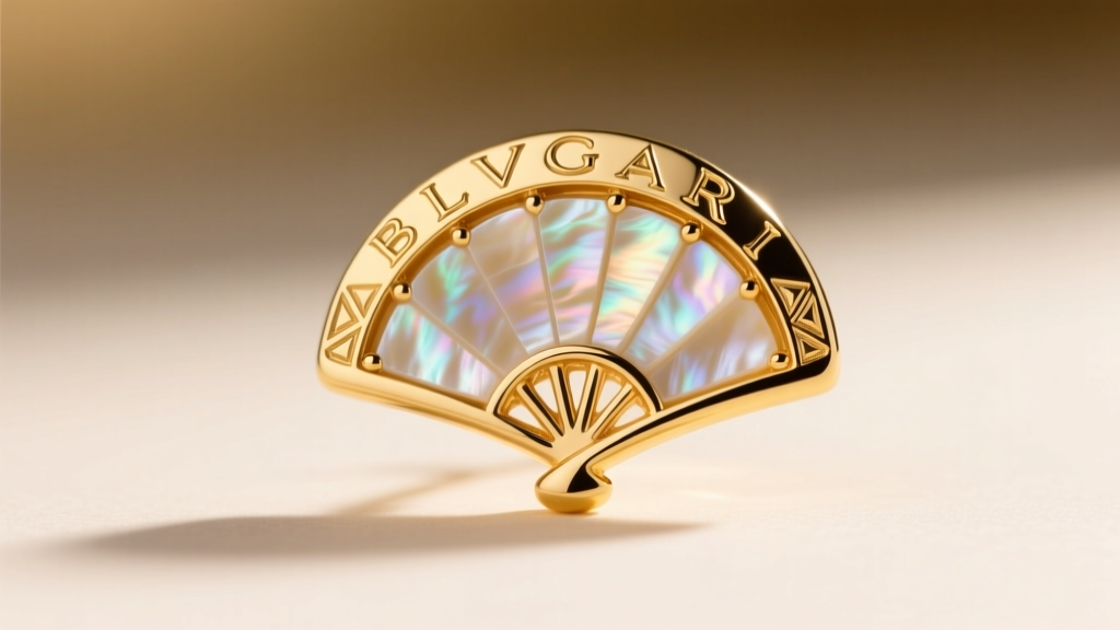 Macro shot of a Bvlgari Divas Dream earring featuring a meticulously carved mother-of-pearl fan motif set in 18k yellow gold