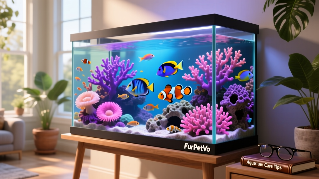 A vibrant, fully established FurPetVo saltwater reef aquarium with colorful corals and active fish