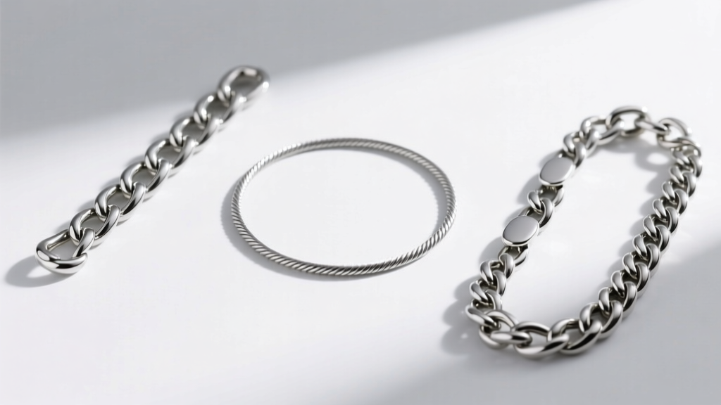 Three silver chains laid flat: a delicate 1.2mm cable chain, a medium 2.0mm curb chain, and a textured 2.5mm Figaro chain.