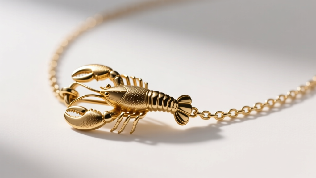 Macro shot of a brass lobster clasp on a Pilgrim necklace, highlighting 14k gold micron plating and a delicate 8cm extension chain.