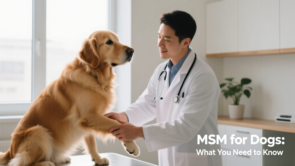Veterinarian examining a dog’s hind leg during a routine wellness check, with a gentle, supportive posture