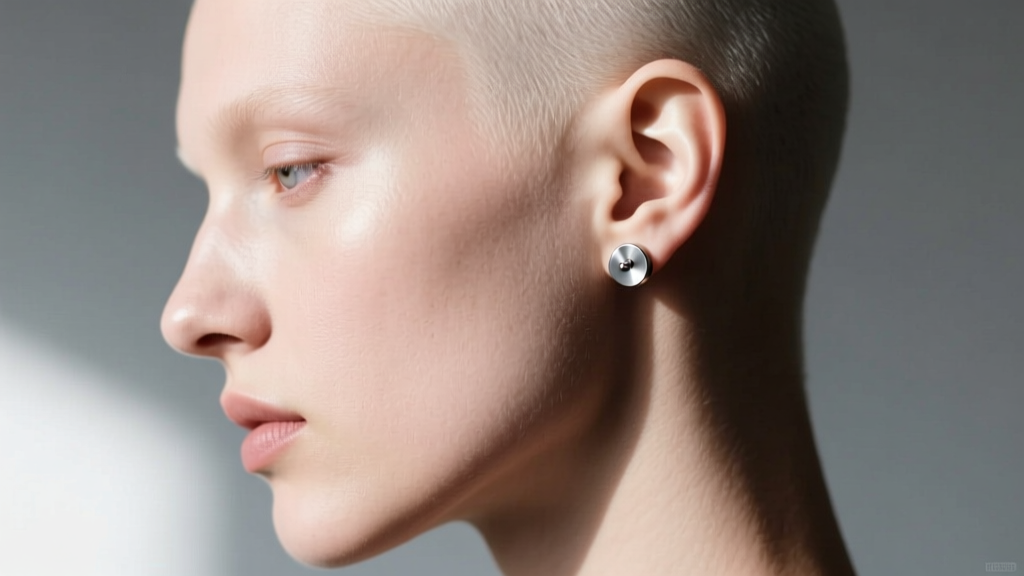 Side profile of a person wearing a discreet screw-back compression earring on the earlobe, showing even pressure against the skin.