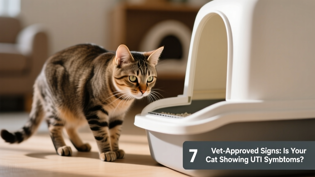 Close-up of a cat cautiously approaching a clean litter box, ears forward and tail low
