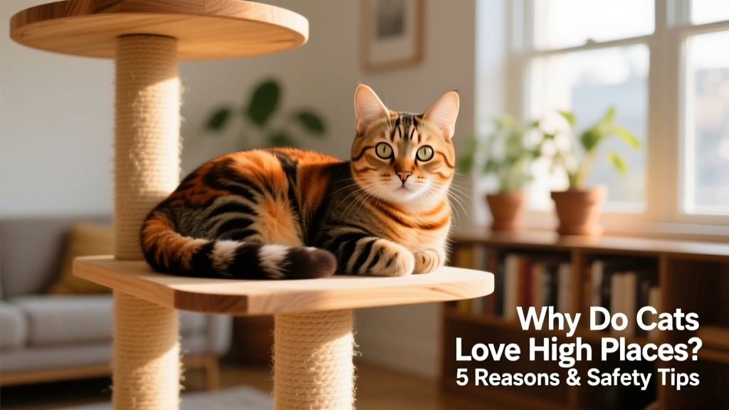 A relaxed tabby cat curled up on a sturdy cat tree platform, looking calm and alert