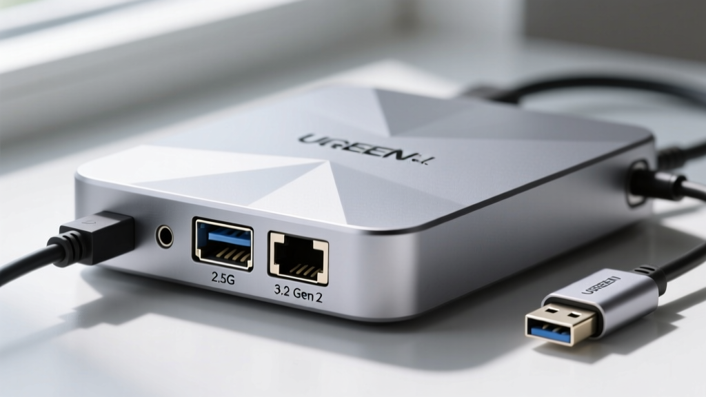 Close-up macro shot of the UGREEN Revodok Pro aluminum chassis showing the 2.5G Ethernet port and dual USB-A 3.2 ports connected to peripherals