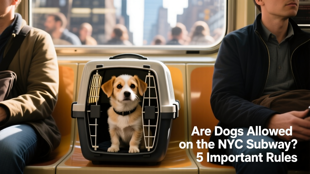 A small dog sitting calmly inside a hard-sided, ventilated pet carrier on a subway seat