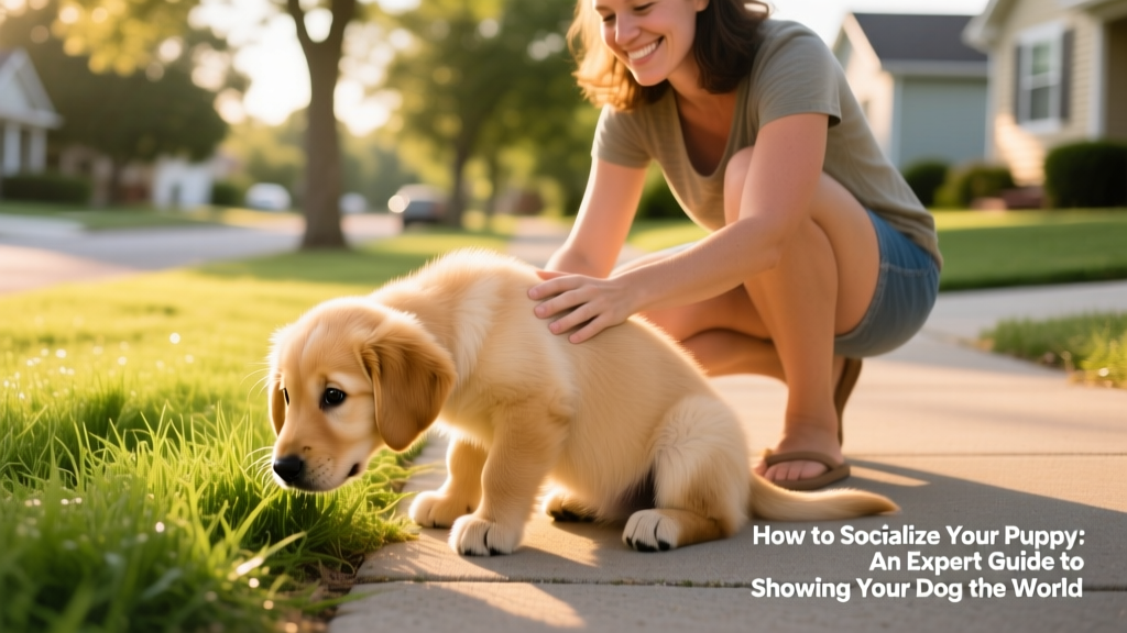 A curious 8-week-old golden retriever puppy sniffing grass while sitting calmly beside its owner on a quiet neighborhood sidewalk