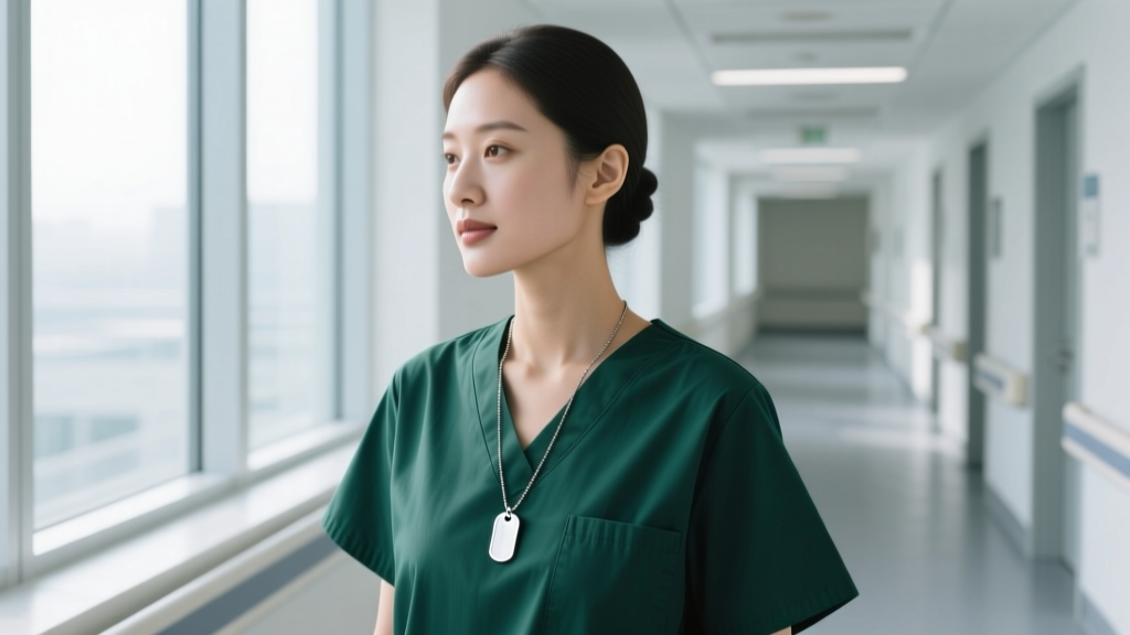 Side profile of a nurse in a hospital corridor wearing a minimalist titanium dog tag necklace tucked into a dark green scrub top