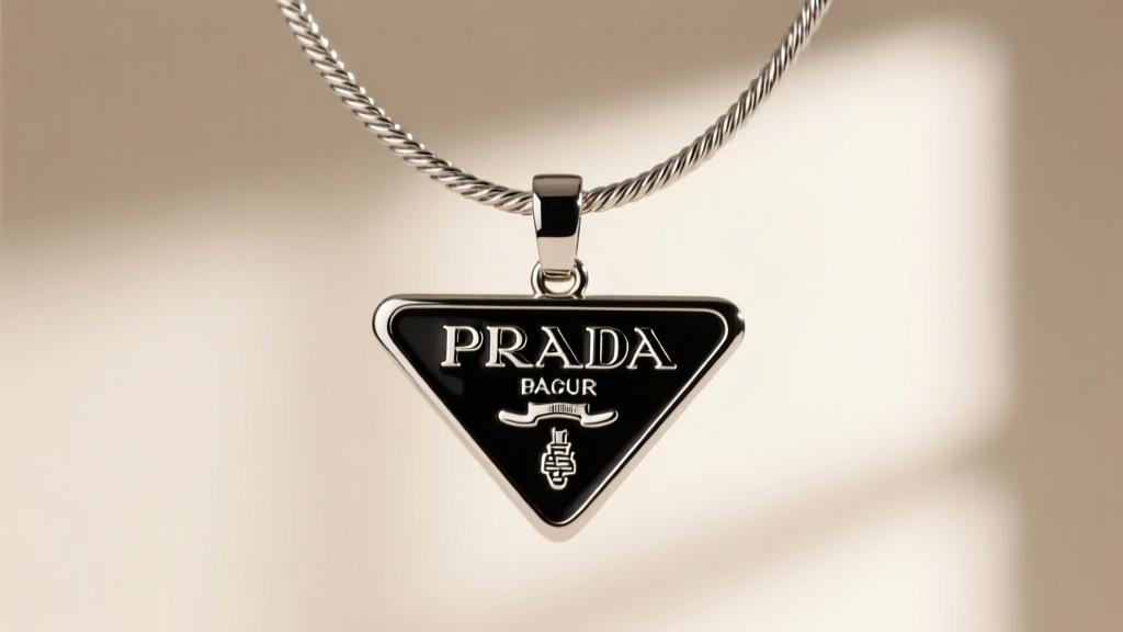 Close-up of a glossy black enamel Prada triangle tag pendant on a silver cable chain against a soft, neutral studio background.