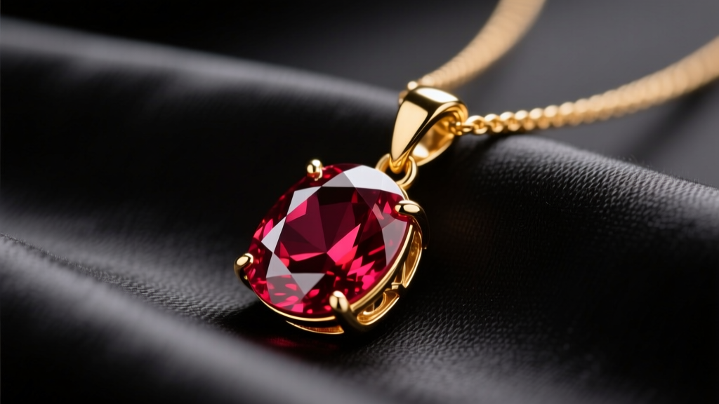 14k gold Kay ruby pendant resting on dark velvet, highlighting the deep red gemstone and prong setting under soft studio lighting
