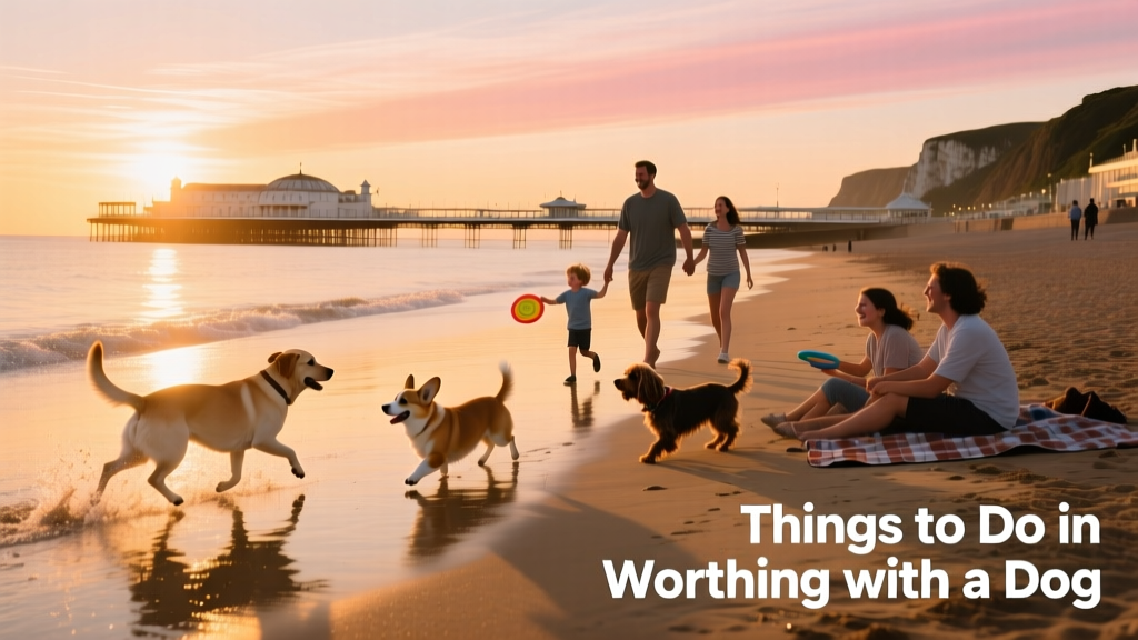 A wide-angle view of Worthing Beach at golden hour, with dogs running along the shoreline and families enjoying the sunset