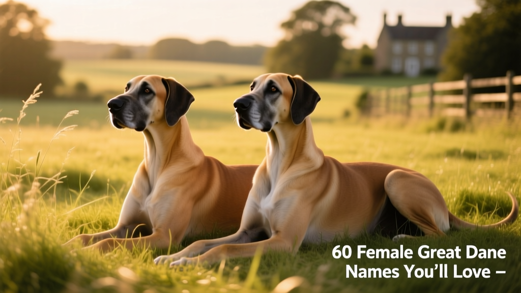 Two female Great Danes resting side by side on a sunlit grassy field