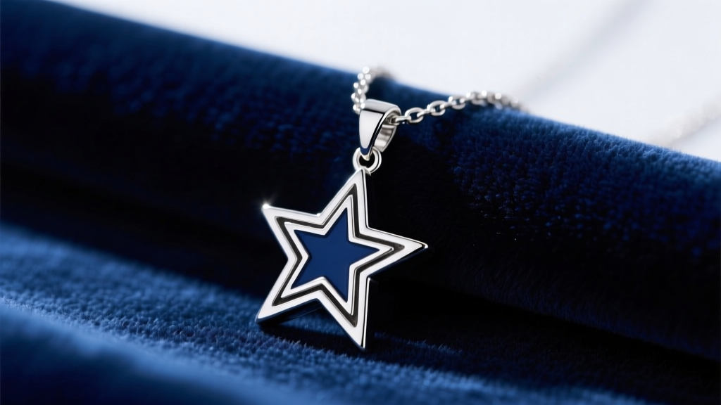 Close-up of a sterling silver Dallas Cowboys star pendant necklace resting on navy velvet under bright studio lighting.