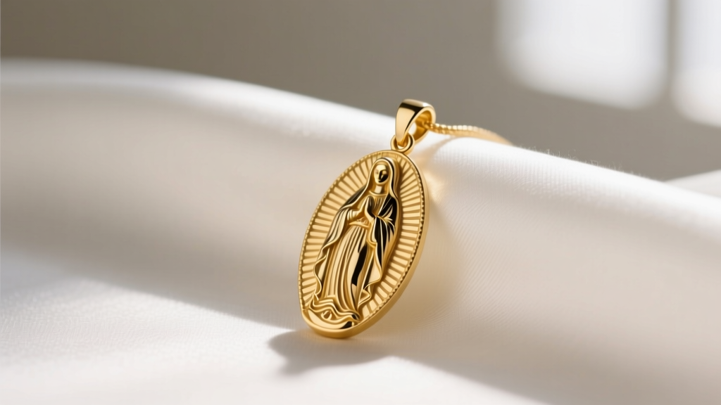 Delicate 14k yellow gold Virgin Mary pendant resting on white silk, soft window lighting highlighting engraved details