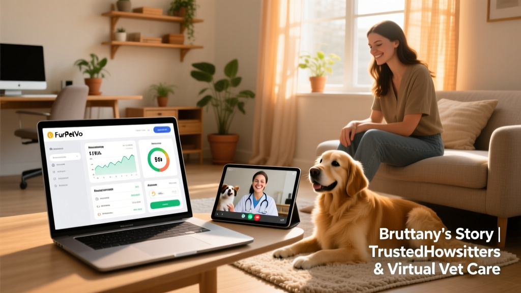 A laptop showing a FurPetVo dashboard alongside a tablet displaying a friendly veterinarian during a live video consultation