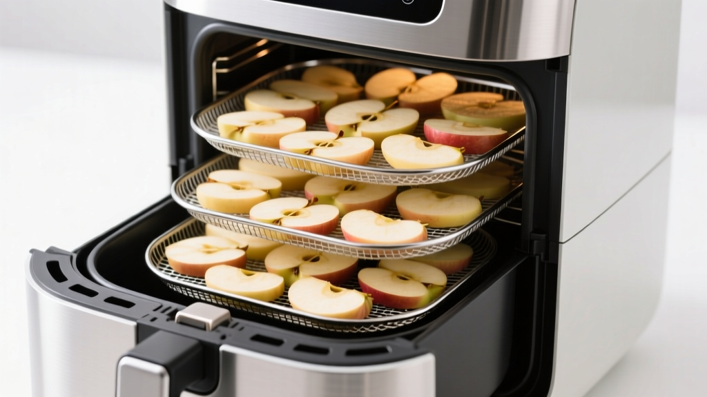 Stacked 304 stainless steel dehydration mesh trays filled with apple slices inside a dual-basket air fryer with the door partially open