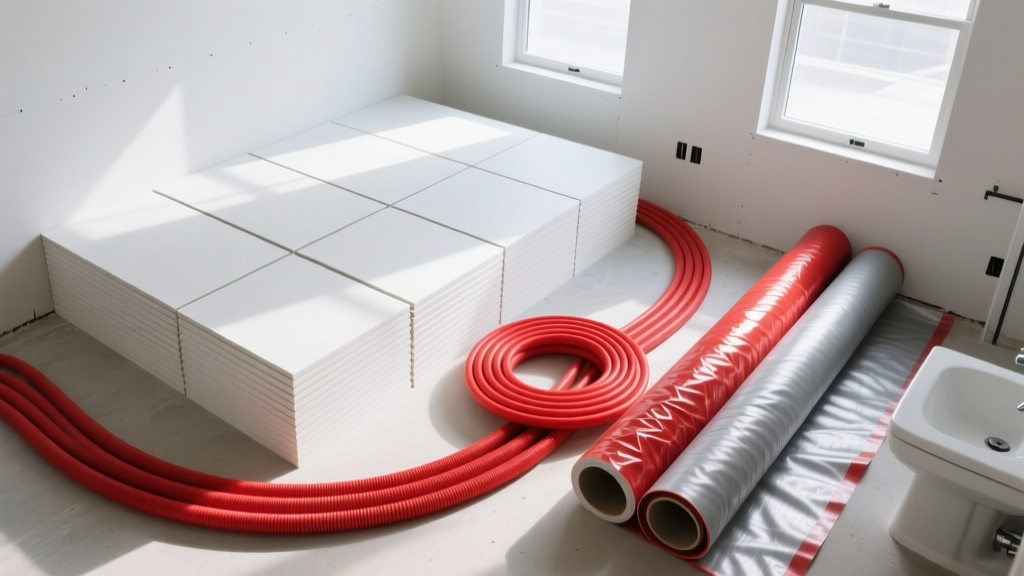 Overhead view of a bathroom construction site showing stacked USG Durock cement boards, rolls of Schluter-Kerdi membrane, and red PEX-A piping