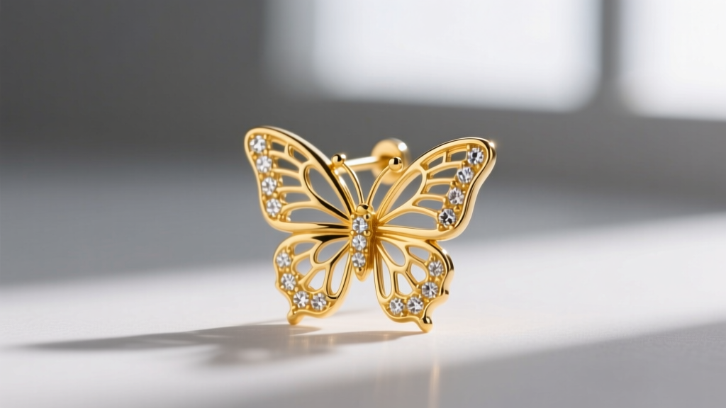 Extreme close-up of an 18k yellow gold earring post and butterfly clutch, showing the warm hue against a neutral grey background.