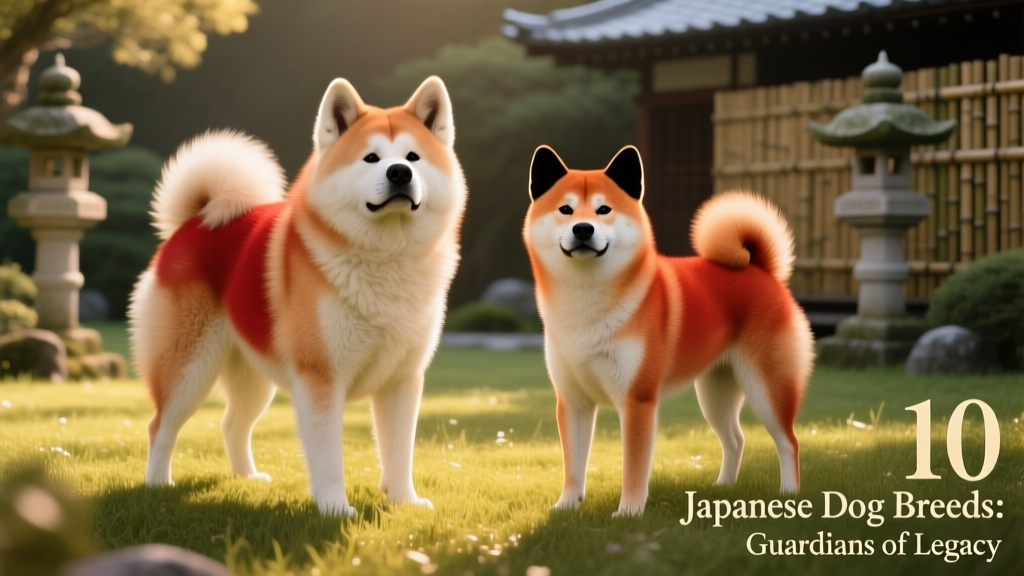 Side-by-side portrait of an Akita and a Shiba Inu standing calmly on grass, showcasing their distinct coats and dignified expressions