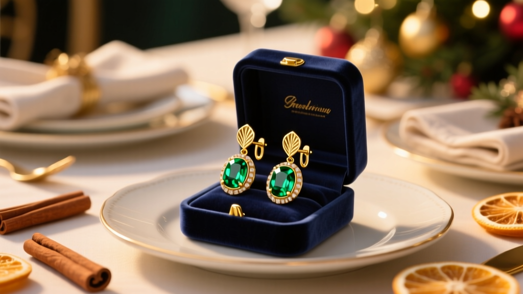 Gold paddle-back clip-on earrings with emerald cabochons resting in a velvet box under warm lighting on a festive holiday table.