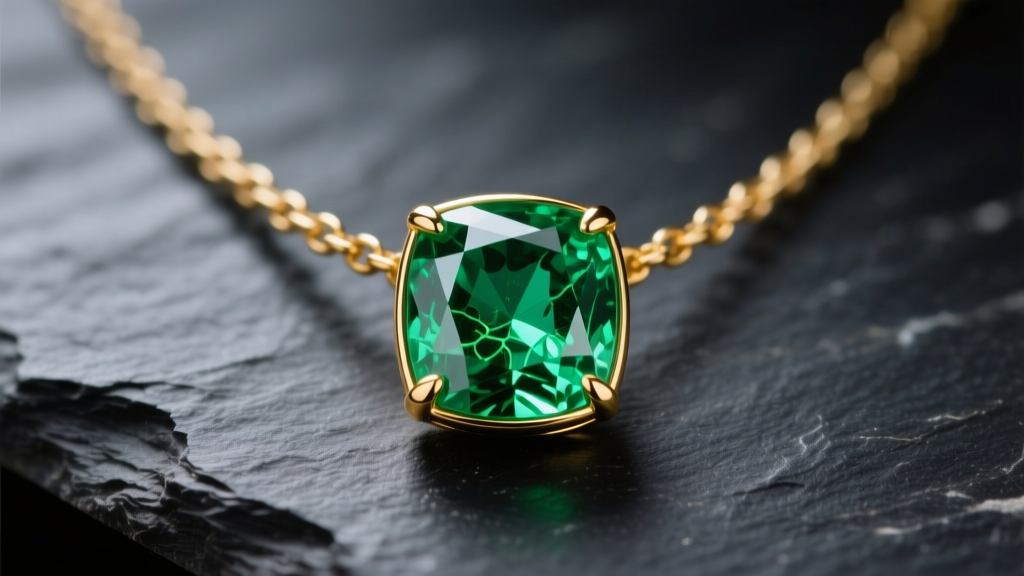 Macro shot of a 14k gold bezel set emerald necklace on dark slate, showing the vivid green gem and natural internal inclusions.