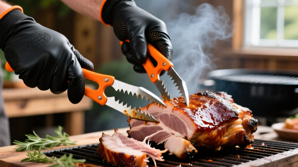 Hands wearing black heat-resistant nitrile gloves using sharp orange BBQ bear claws to pull apart smoked pork shoulder