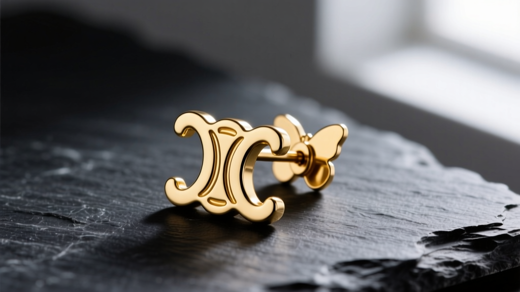 Macro shot of gold-tone Celine Triomphe stud earring on dark slate, showing engraved logo and butterfly back clasp.