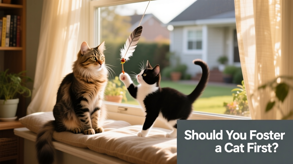Two cats—one calm and seated, one playfully batting a toy—sharing a cozy window perch