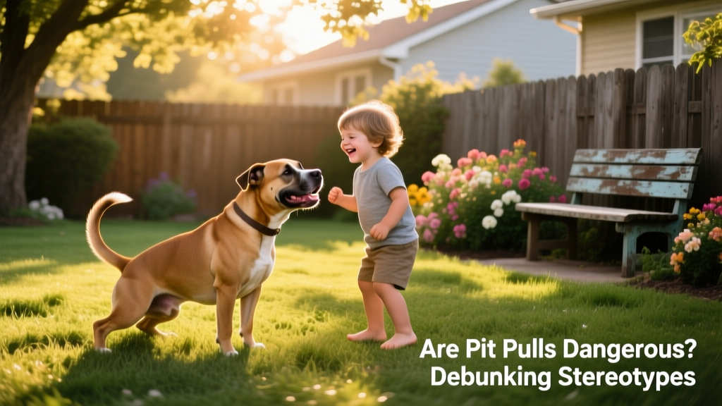 A joyful, well-socialized Pit Bull-type dog playing gently with a young child in a sunlit backyard