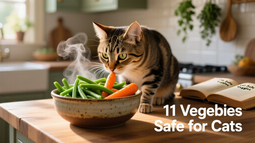 A curious cat sniffing a bowl of steamed green beans and carrots