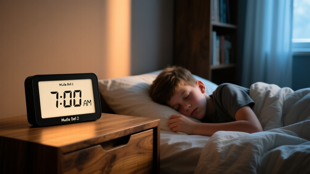 Close-up of a Mudita Bell 2 e-ink alarm clock displaying 7:00 AM on a wooden nightstand next to a sleeping teenager in a dark bedroom.